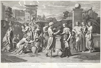Eliezer and Rebekah, print after paintings by Nicolas Poussin, Poussin, Nicolas, 1594?-1665, Rousselet, Gilles, 1610-1686, 1677