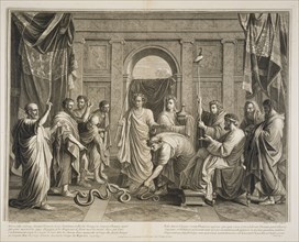 Moses turns Aaron's staff into a serpent, print after paintings by Nicolas Poussin, Poilly, François de, 1623-1693