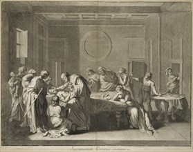 Sacramentum Extremae-unctionis, print after paintings by Nicolas Poussin, Châtillon, Louis de, 1639-1734, Poilly