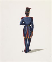 View of soldier in blue uniform from behind, Costumes of Lima, Peru, Watercolor, ca. 1860