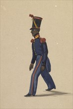 View of soldier in blue uniform walking, Costumes of Lima, Peru, Watercolor, ca. 1860