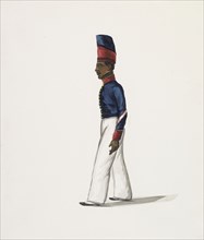 Side view of soldier in blue and white uniform, Costumes of Lima, Peru, Watercolor, ca. 1860