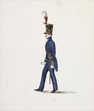 Side view of soldier in blue uniform, Costumes of Lima, Peru, Watercolor, ca. 1860
