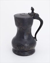 Pewter drinking jug with lid, Drinkware holder tin, cast Horizontal soldered flat bottom raised edge flattened spherical body