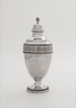 Silver tea caddy, tea caddy holder silver wood, molded engraved Ovoid body on round constricted foot constriction