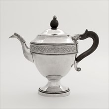 Silver teapot, teapot tableware holder silver wood, cast engraved Wide ovoid body on round constricted foot wooden ear