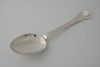 Silver spoon with D. Robertus Macward breakfast on the 5th of June 1681, spoon cutlery silver, forged engraved oval bake