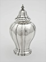 Silver tea caddy with lid, tea caddy holder silver, driven cast Baluster-shaped body ending in spread out foot, bell-shaped lid
