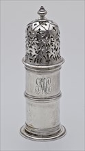 Silver cylindrical sprinkler with openwork lid, scatterer crockery holder silver, cast sawn engraved Cylindrical body on flat