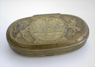 Copper tobacco box with the creation of men and the fall of men, tobacco box holder metal copper, cast engraved lying oval