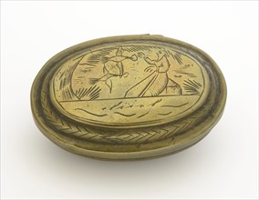 Copper snuff box or tobacco box, with prophet Elijah and King David, snuffbox holder metal copper, cast engraved lying oval