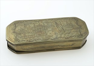 Copper tobacco box with face on Rotterdam, tobacco box holder metal copper w 15,6 6.2 h 3.3 cast engraved Narrow octagonal box