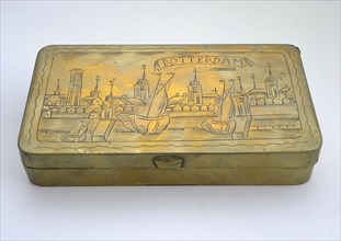 Copper tobacco box with face on Rotterdam, tobacco box holder metal copper, die-cast engraved Rectangular flat box with hinged