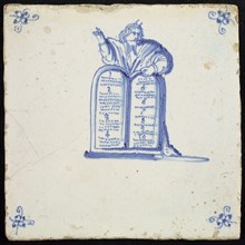 Scene tile with Moses and the ten commandments, blue on white, corner motif spider, wall tile tile sculpture ceramic earthenware