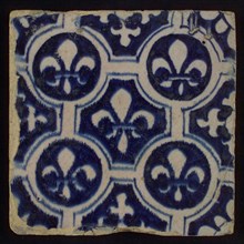 Two-tone tile, blue on white background, finished painting, four circles with white French lily around central ornament with