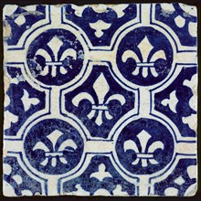 Two-tone tile, blue on white ground, four circles with white French lily around central ornament with lily, wall tile