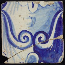 Tile of chimney pilaster, blue on white, part of column with curly ornament and stylized belly button, chimney pilaster tile