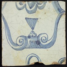 Tile of chimney pilaster, blue on white, part of capital with stylized triangular navel and groin curls of caryatid, chimney