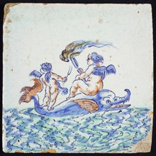 Scene tile, in blue, green and red-brown on white, winged naked man with torch and small winged naked Amor with two-toothed fish