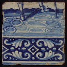 Tile of tableau with in blue feet and decorated border, tile picture footage fragment ceramic pottery glaze, baked 2x glazed