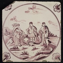 Scene tile, prophets Elisha, Jonah and Obadiah side by side with dead man, double-headed pigeon, the fish, jug and bread, corner