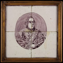 Tile panel, purple on white, portrait in oval of Stadholder William IV, tile picture ceramic earthenware glaze, baked 2x glazed
