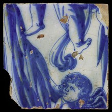 Tile of tableau in blue on white ground with repetitive pattern of angels hanging on garlands, lianas, tile picture footage