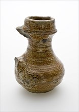 Small stoneware jug, low belly and long, slender neck, jug crockery holder soil find ceramic stoneware clay engobe glaze salt