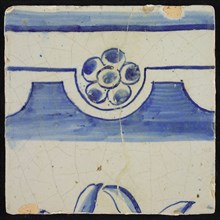 Tile, blue on white, edge with scallops in which central five-leaved flower and at the bottom edge of two branches, tile picture