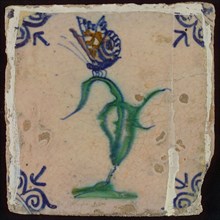 Tile, flower on ground with butterfly in orange, purple, green and blue on white, corner pattern ox head, wall tile