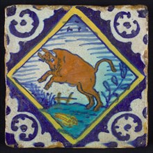 Animal tile, jumping bull on square within square with palm corner in green, yellow, brown and blue on white, wall tile