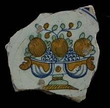 Fragment of the majolica dish, polychrome, fruit bowl on foot with grapes and apples, plate crockery holder soil find ceramic