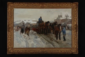 Snow plowers at the Oostplein, cityscape painting visual material linen oil paint, Landscape size oil on canvas Horses