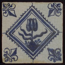 Tile, tulip on ground in blue on white, inside serrated square, corner pattern french lily, wall tile tile sculpture ceramic