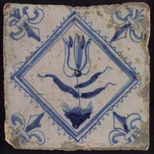 Tile, tulip on ground in blue on white, inside serrated square, corner pattern french lily, wall tile tile sculpture ceramic