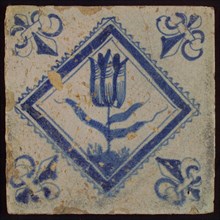 Tile, tulip on ground in blue on white, inside serrated square, corner pattern french lily, wall tile tile sculpture ceramic