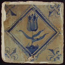 Tile, tulip on ground in blue on white, inside serrated square, corner pattern french lily, wall tile tile sculpture ceramic