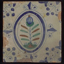 Tile, flower on spot in blue, green, and brown on white, inside an oval with lilies, corner motif, wall tile tile sculpture