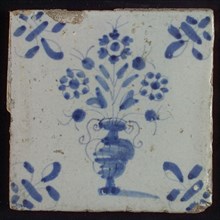 Tile, flowerpot in blue on white, corner motif lily, wall tile tile sculpture ceramic earthenware glaze, baked 2x glazed painted