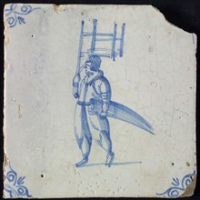 Occupation tile, blue with an image of man with chair on the head, chair matter, corner motif of ox's head, wall tile
