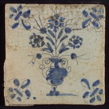 Tile, flower pot in blue on white, corner motif lily, wall tile tile sculpture ceramic earthenware glaze, baked 2x glazed