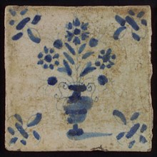 Tile, flowerpot in blue on white, corner motif lily, wall tile tile sculpture ceramic earthenware enamel, baked 2x glazed