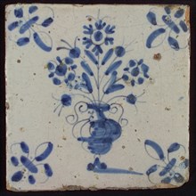 Tile, flowerpot in blue on white, corner pattern lily, wall tile tile sculpture ceramic earthenware glaze, baked 2x glazed
