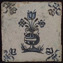Tile, flower pot in dark and light blue on white, corner motif lily, wall tile tile sculpture ceramic earthenware glaze, baked