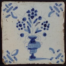 Tile, flowerpot in blue on white, corner pattern lily, wall tile tile sculpture ceramic earthenware glaze, baked 2x glazed