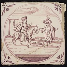 Scene tile, Mordecai with crown on horse, Haman stands aside, corner motif ox's head, wall tile tile sculpture ceramic