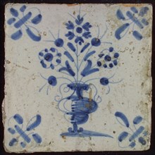 Tile, flower pot in blue on white, corner motif lily, wall tile tile sculpture ceramic earthenware glaze, baked 2x glazed