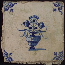 Tile, flower pot in blue on white, corner motif oxen head, wall tile tile sculpture ceramic earthenware glaze, baked 2x glazed