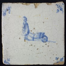 Occupation tile, blue with standing man with wheelbarrow, corner motif of ox's head, wall tile tile sculpture ceramic
