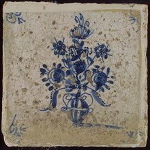 Tile, flower pot in blue on white, corner pattern ox head, wall tile tile sculpture ceramic earthenware glaze, baked 2x glazed